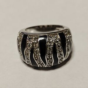 Sparkly Zebra Patterned Black Enamel & Clear Crystals Ring Signed GEP